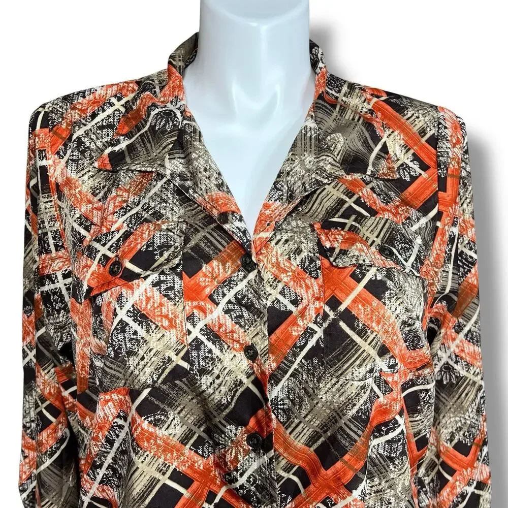Gloria Vanderbilt Womens Button Down Blouse Western Collared Long Sleeve Orange